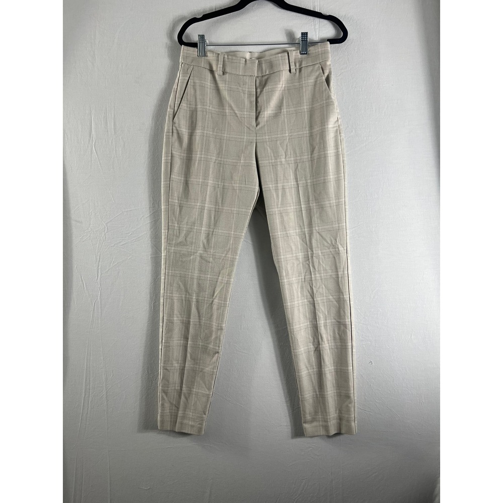 HM High Waisted Plaid Dress Pants Beige Tan Checked Trousers Slim Ankle Fall